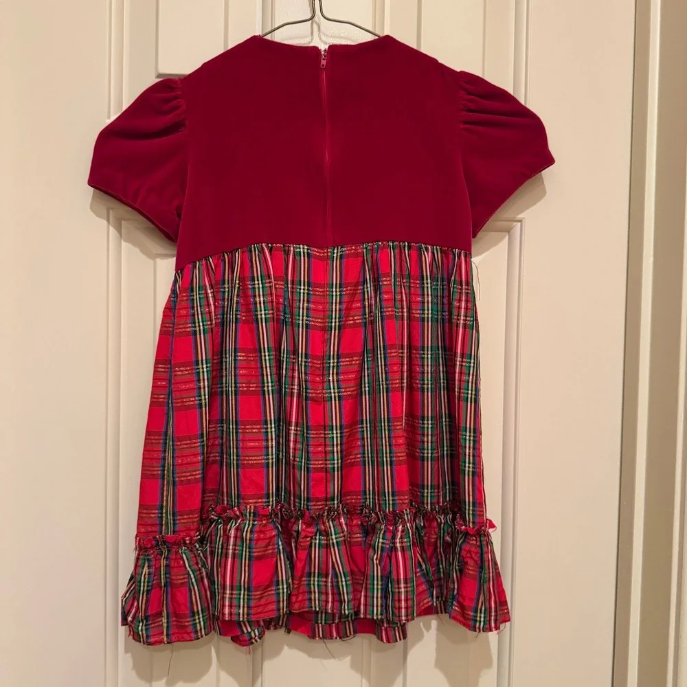 Plaid Velvet Holiday Dress Size 4 Red Green Tartan Puff Sleeve Vintage Handmade